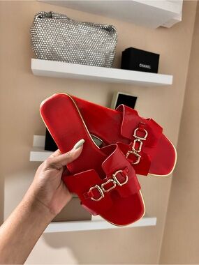 Women's Red Slide Sandals with Gold Hardware